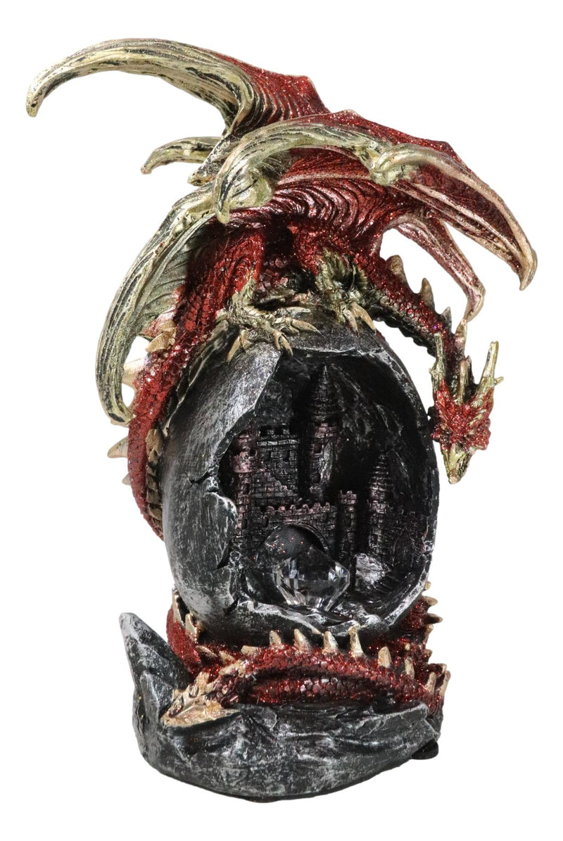 Fantasy Red Gold Dragon On Giant Egg LED Cavern With Medieval Castle Figurine