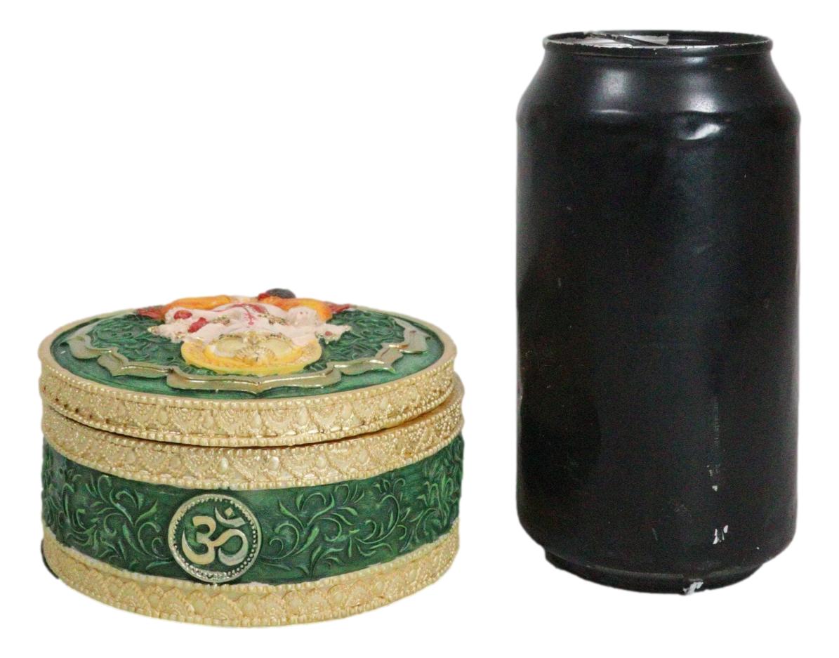 Ganapati Lord Ganesha Mandala Flower And Ohm Sign Decorative Round Trinket Box - Ebros Gift
