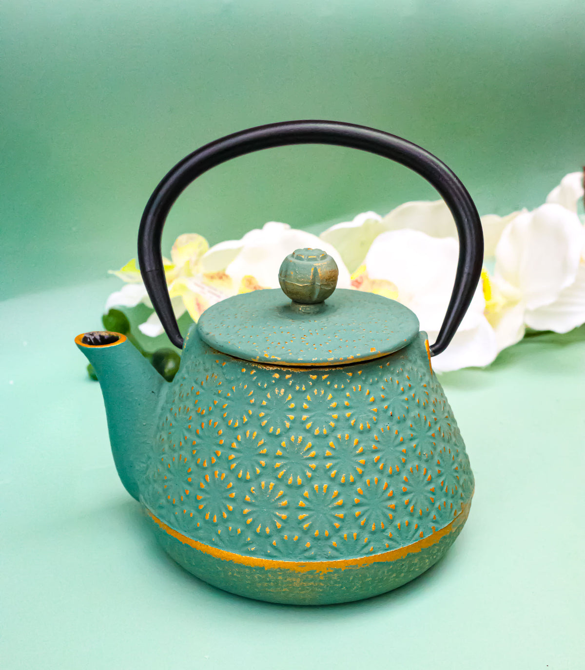 Green And Gold Chrysanthemum Textured Petite Cast Iron Teapot 10oz Tea Pot
