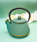 Green And Gold Chrysanthemum Textured Petite Cast Iron Teapot 10oz Tea Pot