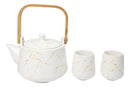White Marble Vein Porcelain 22oz Teapot And 2 Tea Cups With Bamboo Tray Set