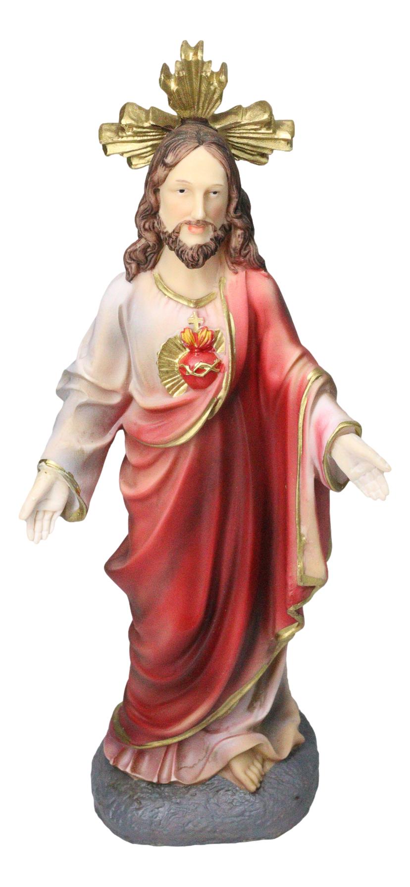 Catholic Sacred Heart of Jesus with Gold Crucifix Cross Medal Figurine 12"H - Ebros Gift
