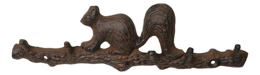 Rustic Cast Iron Playful Squirrel Perching On Tree Branch 4-Peg Wall Hooks Decor - Ebros Gift