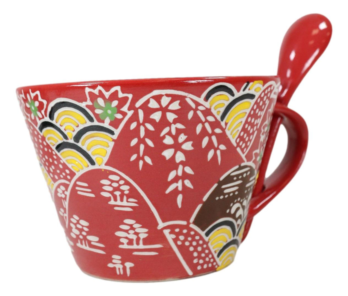 Ebros Porcelain Coffee Tea Latte Cafe Mug Drink Cup With Spoon 2pc Set 12oz Home Kitchen Decorative Ceramics (SINGLE, Red Mountain Landscape) - Ebros Gift