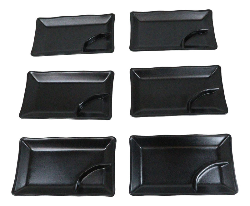 Pack Of 6 Ridged Matte Black Melamine 2 Partitions Rectangular Sushi Plates