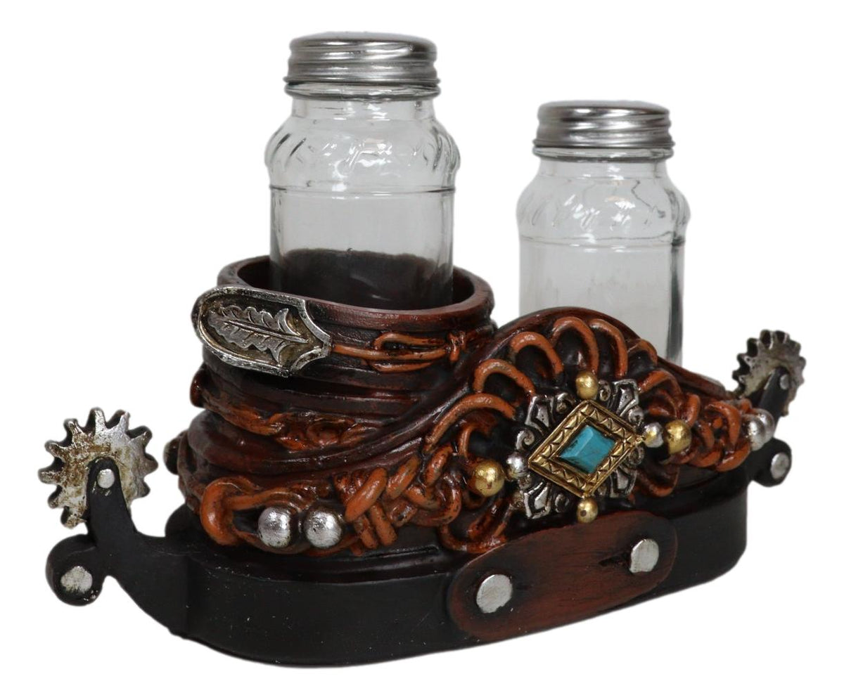 Western Cowboy Double Boot Spurs And Concho Faux Leather Salt Pepper Shakers Set - Ebros Gift