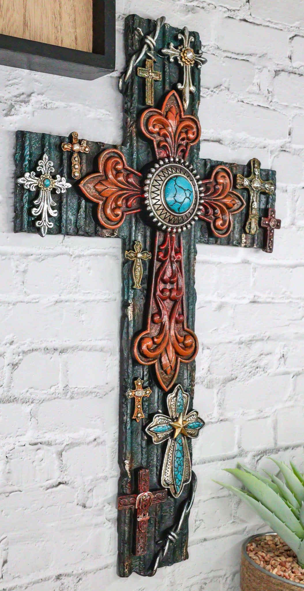 Rustic Western Layered Crosses Fleur De Lis Cowboy Turquoise Tooled Wall Cross