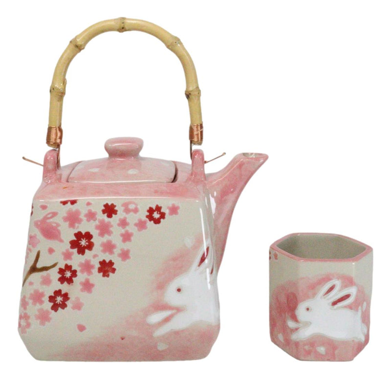 Pink Sakura Cherry Blossoms With Rabbit Hexagonal Teapot With 4 Tea Cups Set