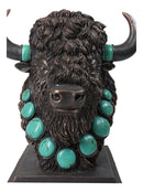 Rustic Western Buffalo Bust Figurine with Turquoise-Style Neck Ornaments & Horns