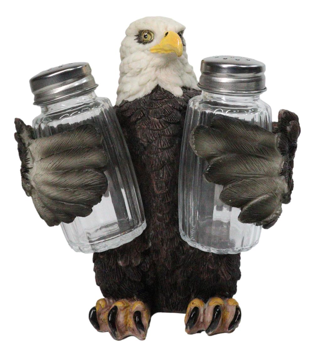 American Patriotic Bald Eagle Salt and Pepper Shaker Holder With Glass Shakers