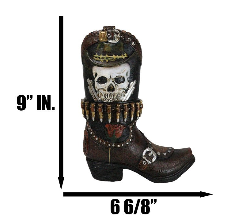 Rustic Western Wild West Skull with Dual Pistols Bullets Cowboy Boot Vase Holder