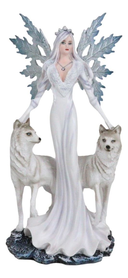Crowned Fairy Queen in Snow White Gown Accompanied by Arctic Wolves Figurine