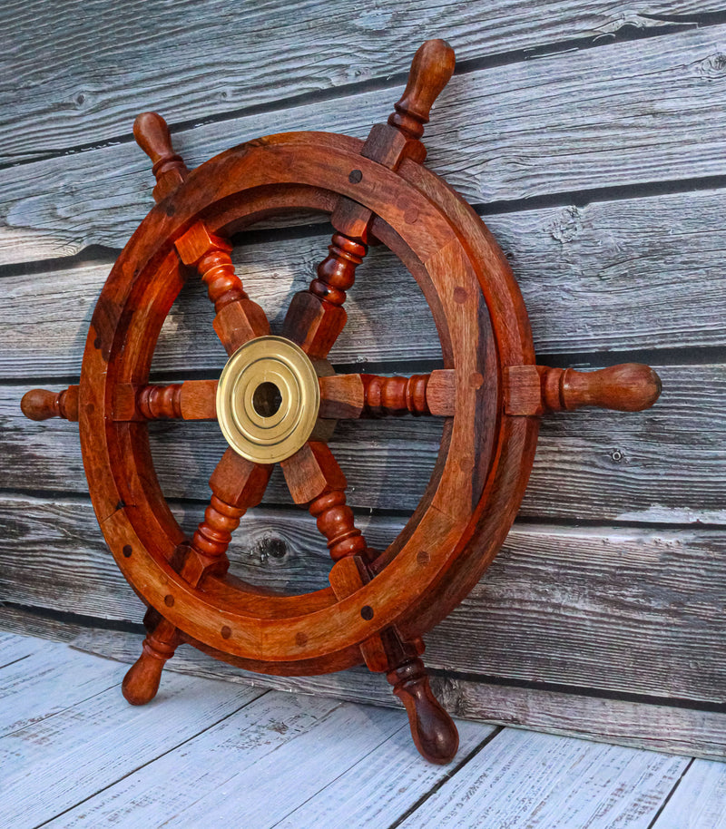 Nautical Marine Vintage Hardwood Wood & Brass Ship Steering Helm Boat Wheel 18"D