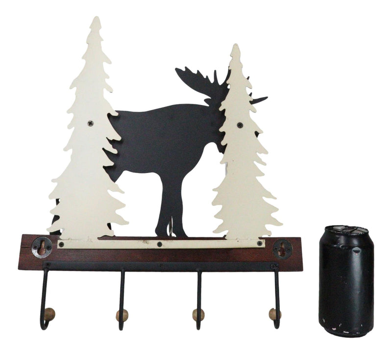 Rustic Western Elk Moose Deer Roaming Pine Forest 4-Peg Wooden Wall Hooks Plaque