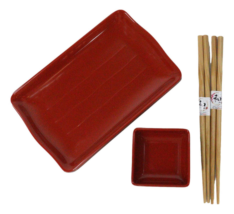 Red Black Melamine Wavy Sushi Plates Sauce Dishes And Chopsticks Set Serves 2