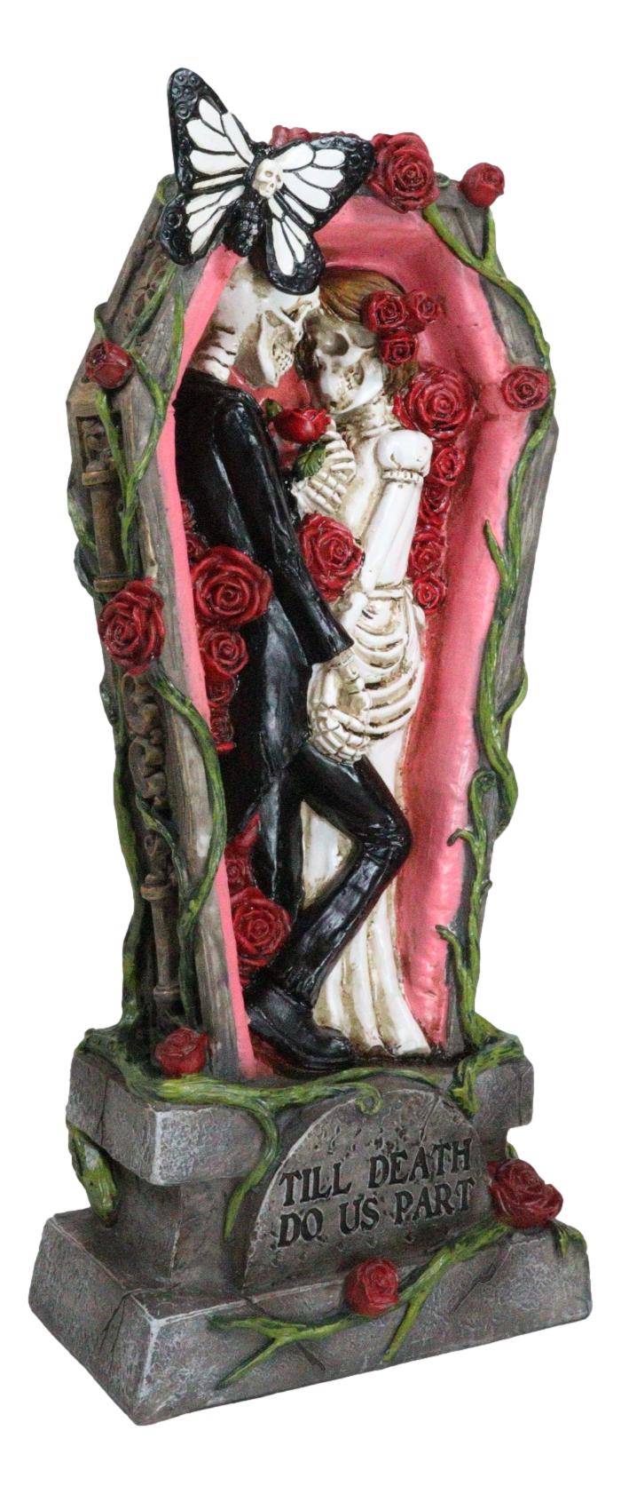 Wedding Bride and Groom Skeletons In Rose Coffin Till Death Do Us Part Figurine