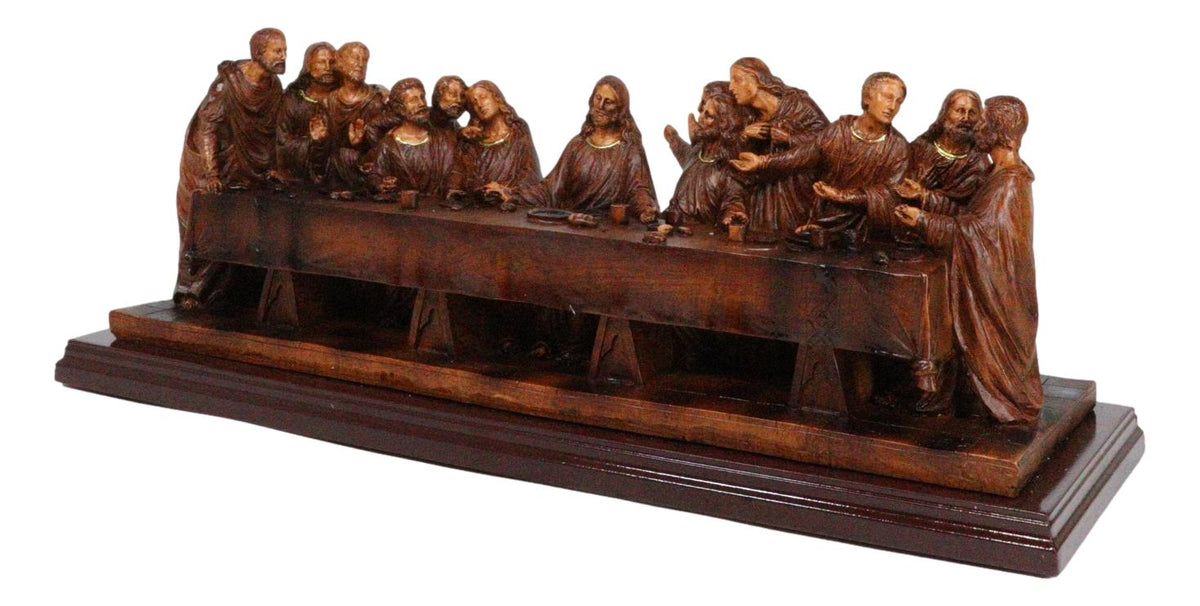 Leonardo Da Vinci The Last Supper Jesus And Disciples Faux Wooden Figurine 14"L - Ebros Gift