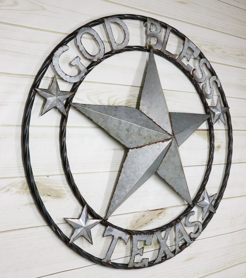 Large 24"D Rustic Western Star God Bless Texas Galvanized Metal Wall Circle Sign