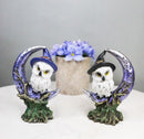 Pair of Snow Owls With Witch Hats Perching On Cratered Crescent Moon Figurines