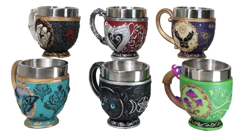 Set Of 6 Colorful Cameo Tarot Moth Skeletons Dragons Cat Magic Tea Cup Mugs