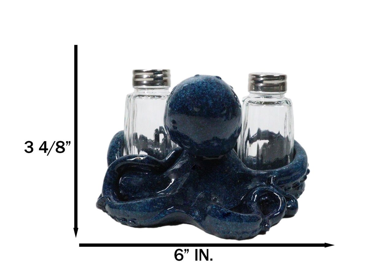 Blue Spotted Nautical Marine Cephalopod Octopus Salt Pepper Shakers Holder Set