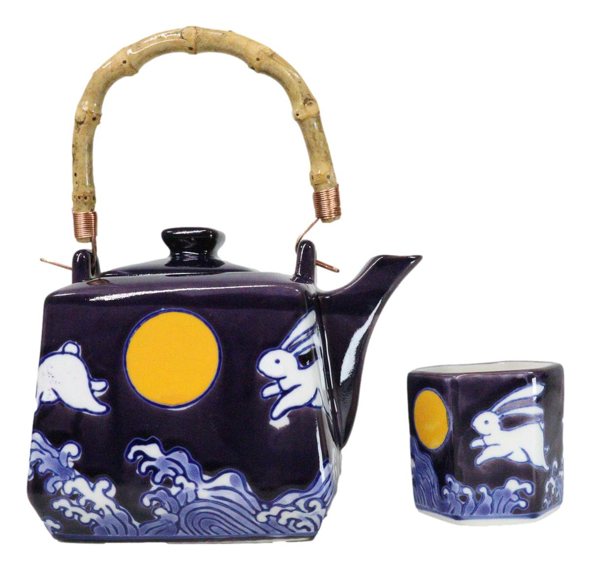 Purple Blue Night Moon White Rabbit Ceramic Hexagonal Teapot With 4 Tea Cups Set