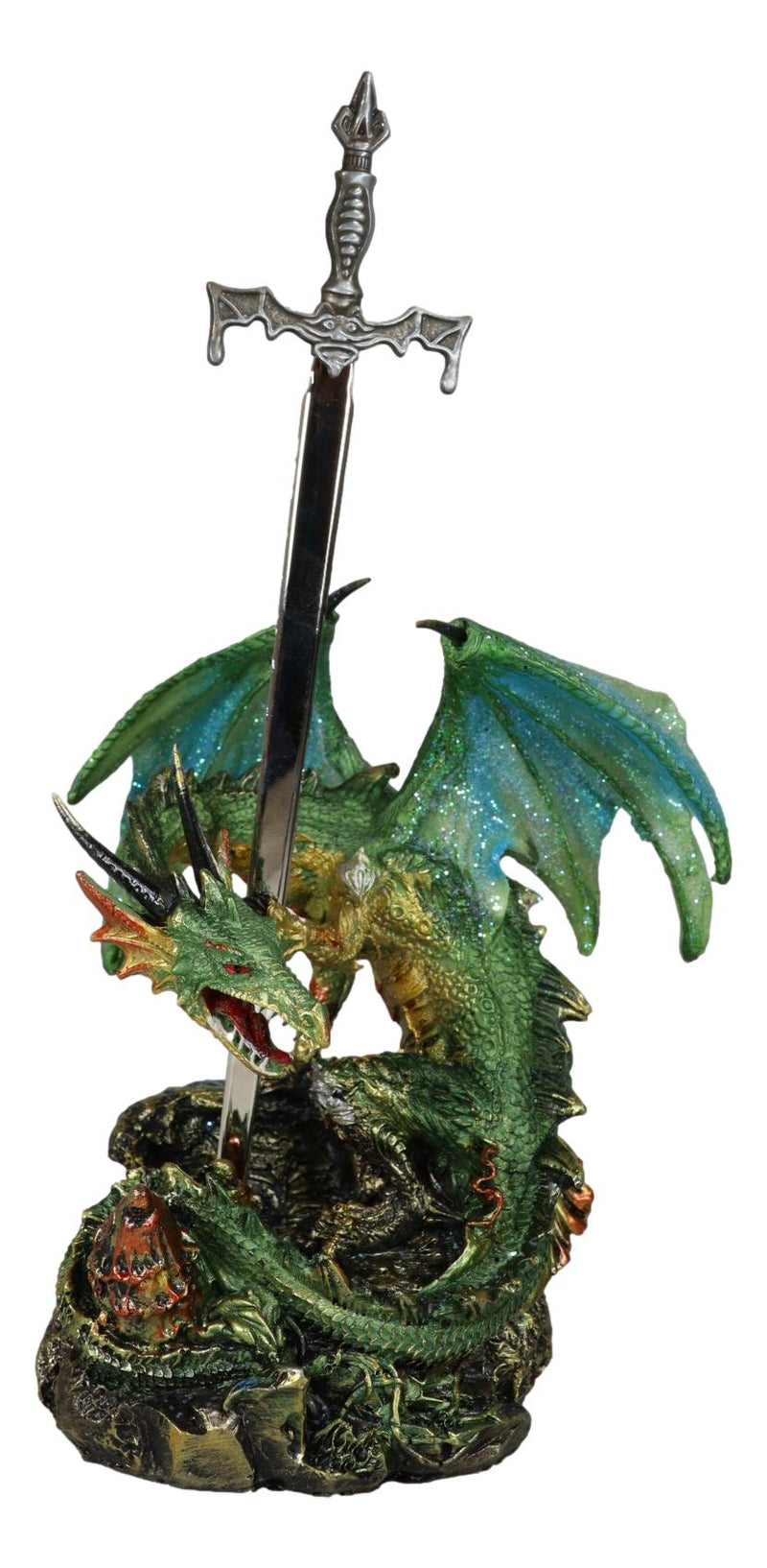 Sparkly Green Knight Dragon Holding Tiki Bat Sword Letter Opener Figurine