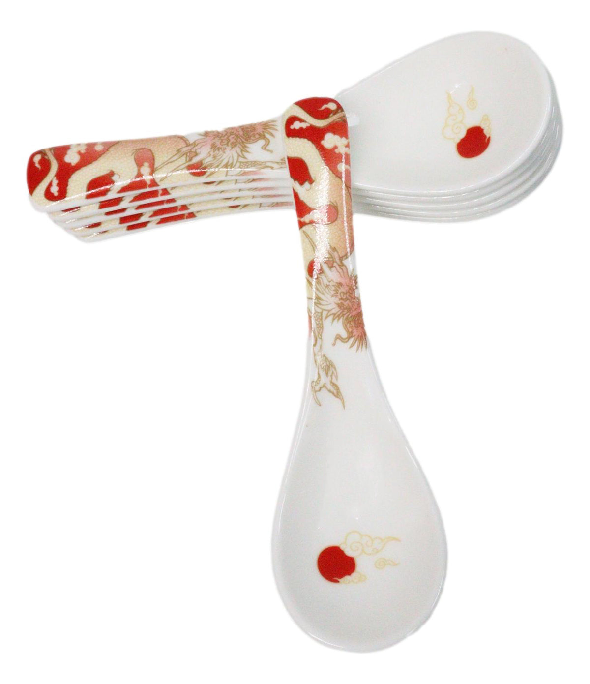 Set of 6 Red Ryu Dragon Porcelain Asian Soup Spoons Japanese Ramen Pho Wonton