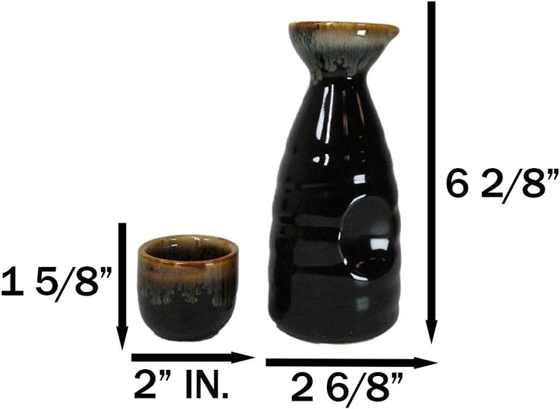 Glazed Ceramic Brown White Waterfall Japanese Sake Tokkuri Flask And 4 Cups Set
