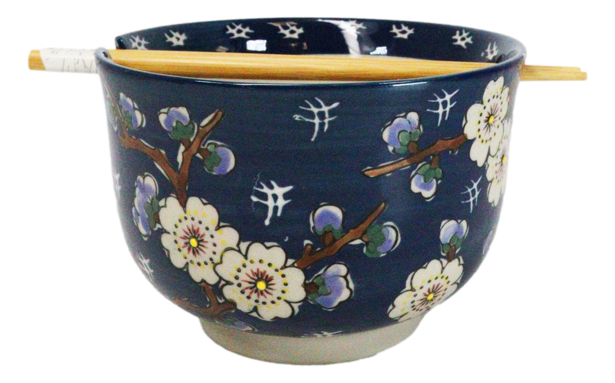 Midnight Blue Plum Blossoms Large 24Oz Donburi Ramen Bowl With Chopsticks Set