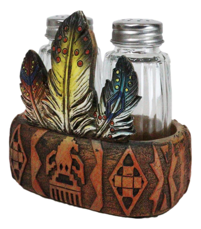 Southwestern Native American Indian Eagle Feathers Glass Salt Pepper Shakers Set