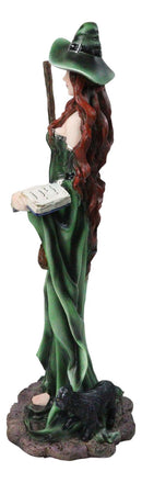 Wicca Magic Green Witch Figurine with Broomstick, Spell Book & Black Cat, 10"H
