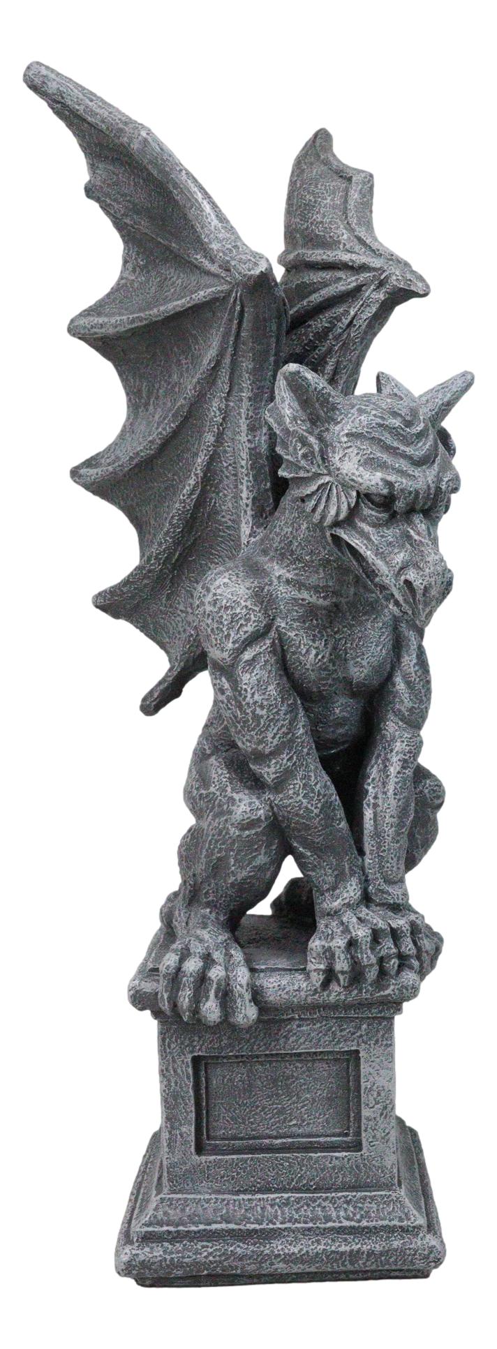 Large 17" H Gothic Crouching Wise Old Griffin Gargoyle On Pedestal Figurine