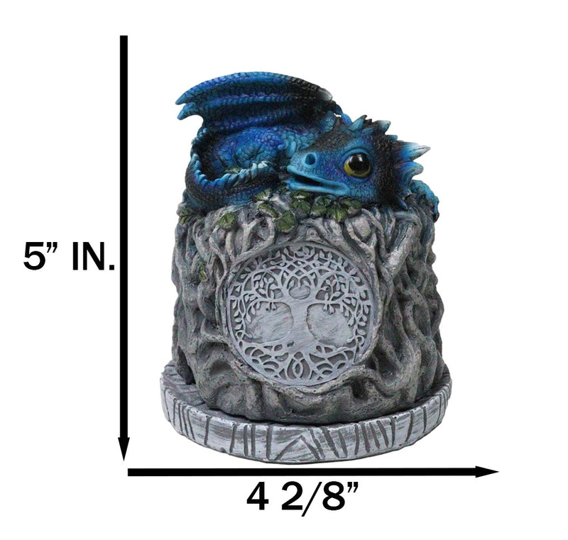 Blue Wyrmling Dragon Sleeping On Tree Of Life Stump Cone Incense Burner Figurine