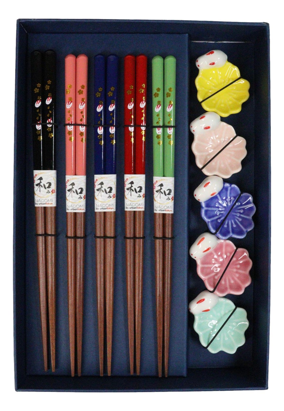 5 Pairs Of Pastel Sakura Cherry Blossoms Ceramic Rests And Wooden Chopsticks Set