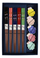 5 Pairs Of Pastel Sakura Cherry Blossoms Ceramic Rests And Wooden Chopsticks Set