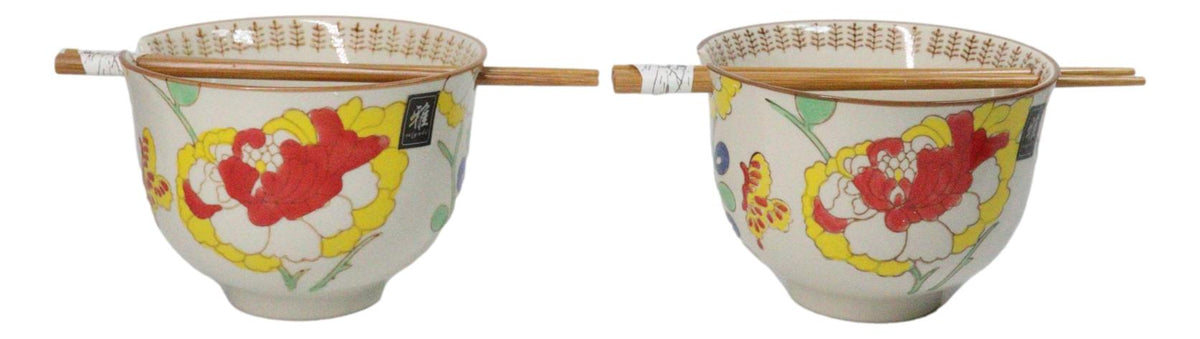 Pack Of 2 Ceramic Ramen Donburi Noodles Bowl & Chopsticks Set Spring Flower Bloom