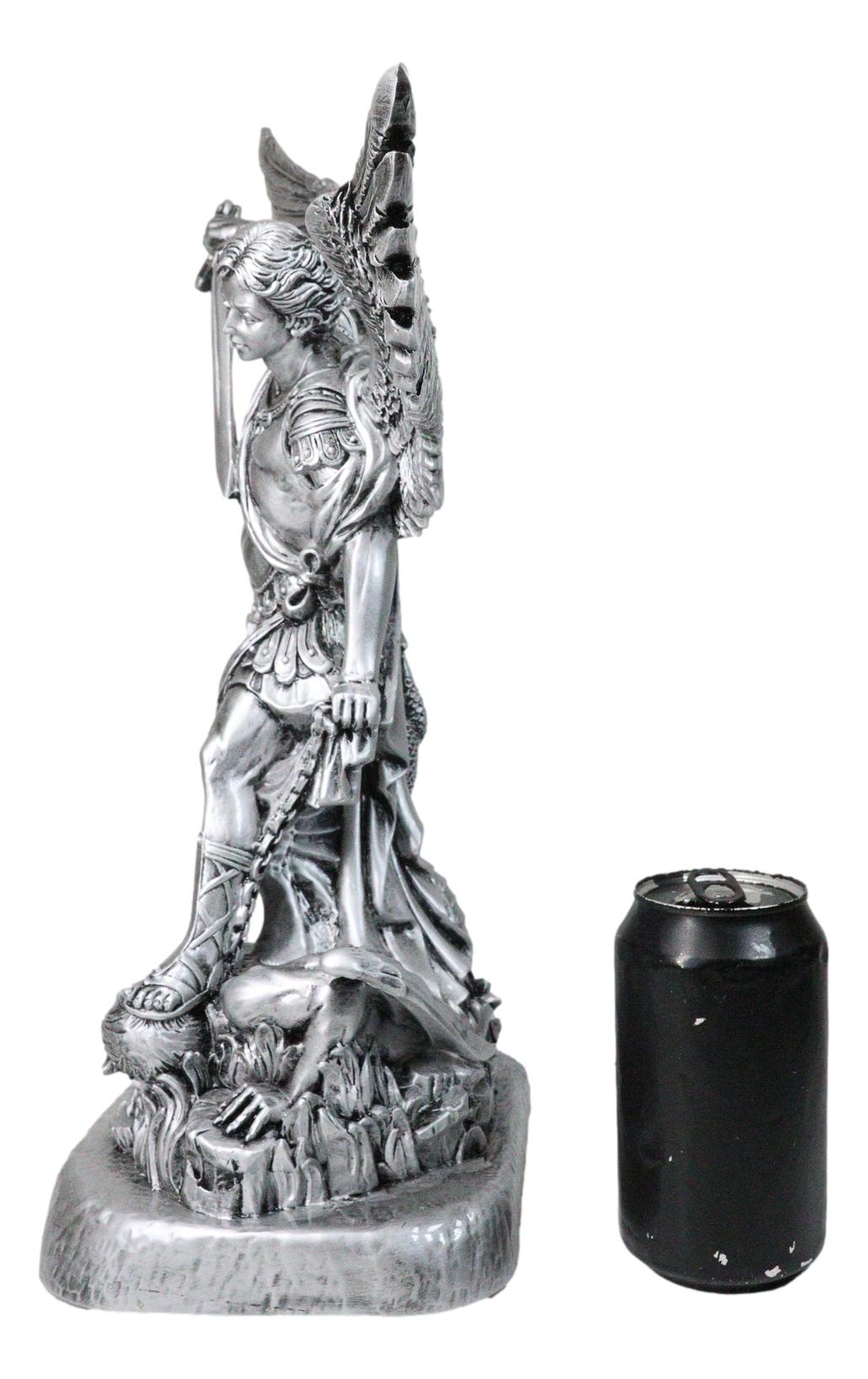 Italian Silver Archangel Saint Michael Trampling Satan With Sword Statue 16"H - Ebros Gift
