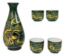 Green Golden Koi Fishes In Water Porcelain Sake Flask And 4 Ochoko Cups Set