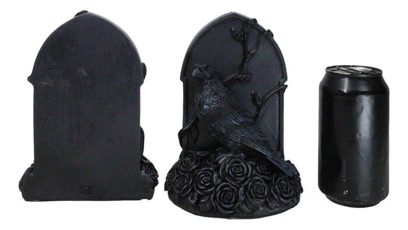 Dark Prophecy Raven Crow Perching On Black Roses Tombstone Figurine Bookends