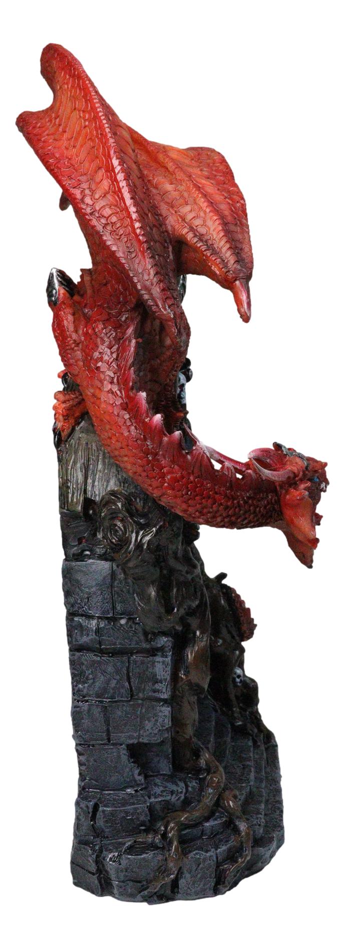 Medieval Red Dragon On Gothic Cathedric Tomb With Skulls LED Fire Flame Figurine