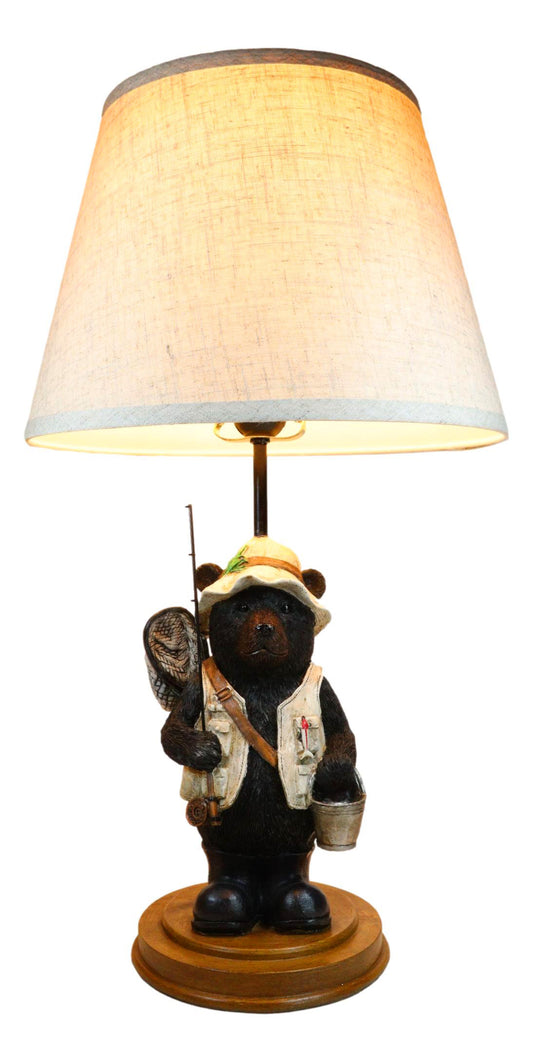 Camping Fisherman Angler Bear Going Fishing With Pole Net And Bucket Table Lamp