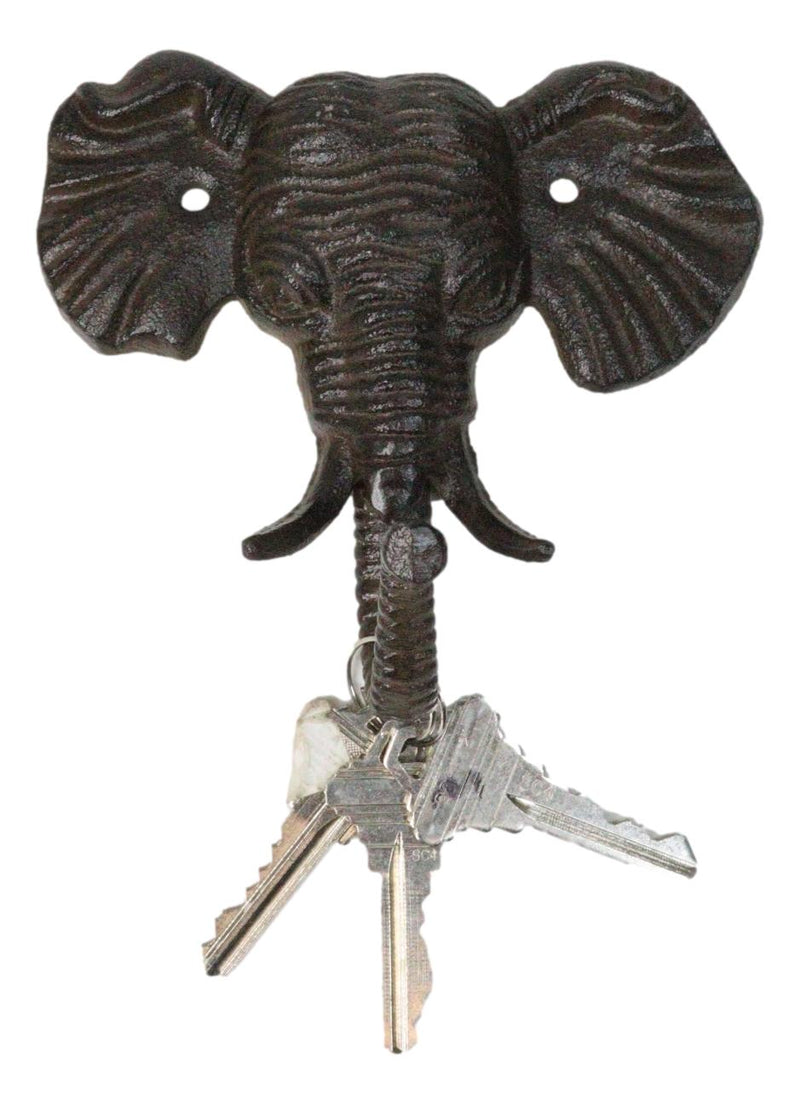 Pack Of 2 Rustic Cast Iron Safari Elephant Trunk Up Wall Hook Hanger Sculpture