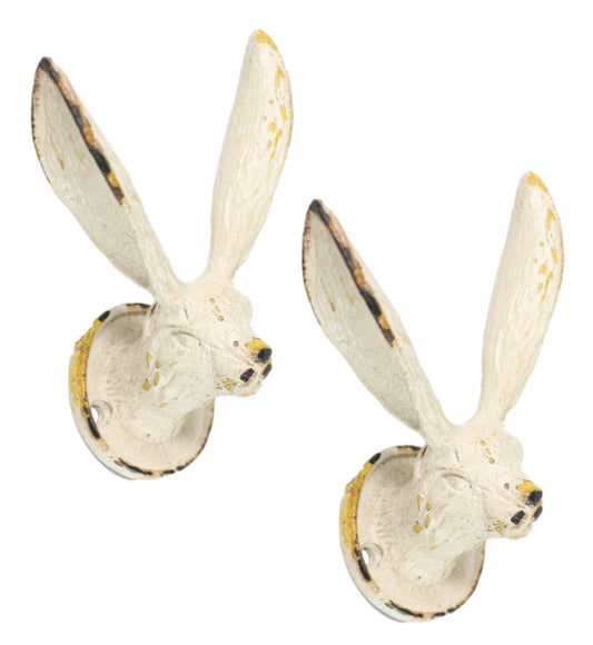 Pack Of 2 Antique White Pewter Cottage Bunny Rabbit Wall Coat Hat Leash Hooks