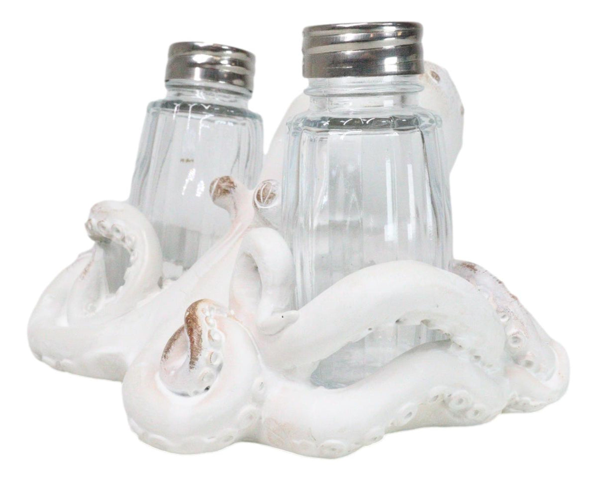 Antique White Nautical Marine Cephalopod Octopus Salt Pepper Shakers Holder Set
