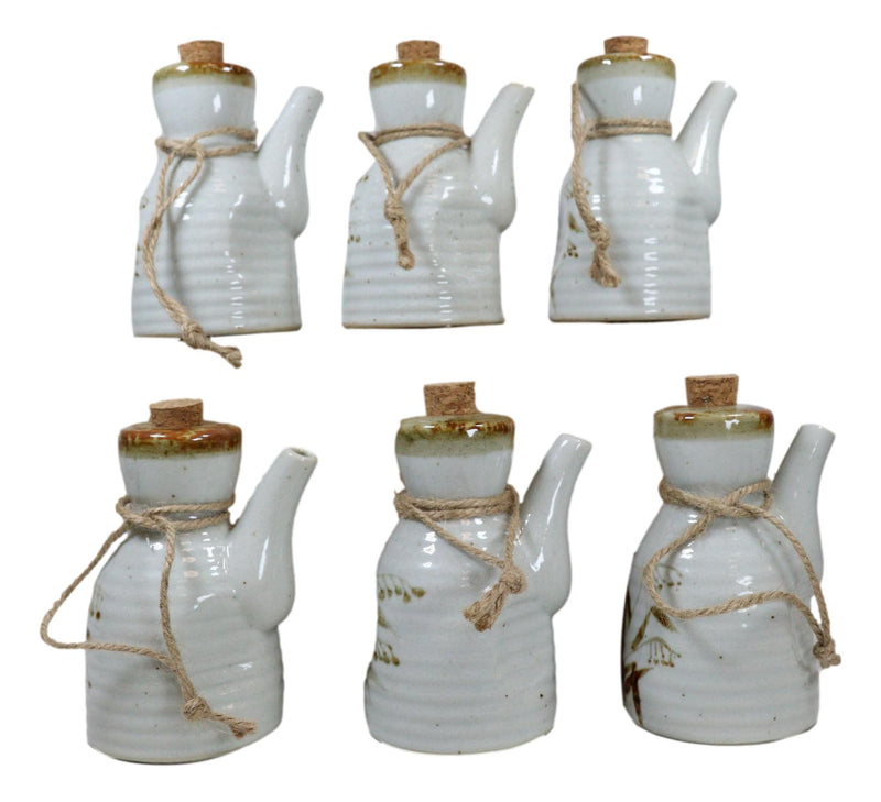 Pack of 6 Porcelain White Brown Reed Soy Sauce Vinegar Oil Dispenser Flask 7oz