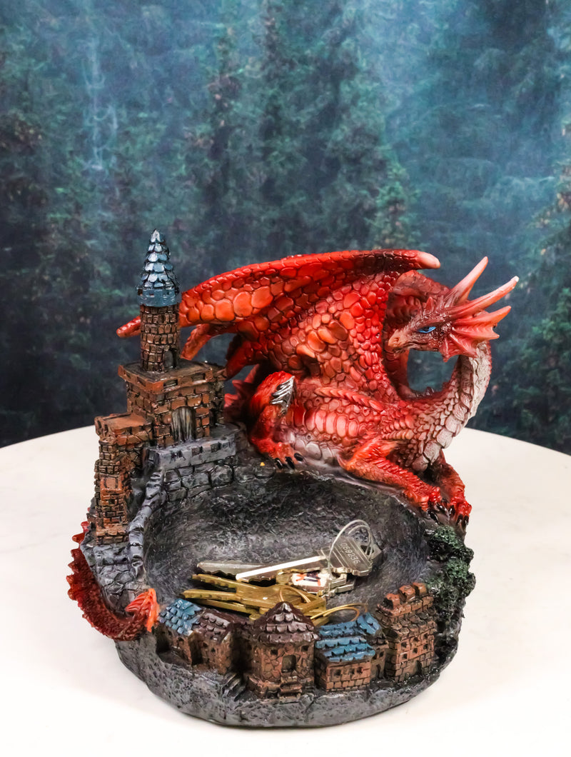 Medieval Red Dragon On Castle Tower Decorative Ashtray Or Key Coin Dish Figurine