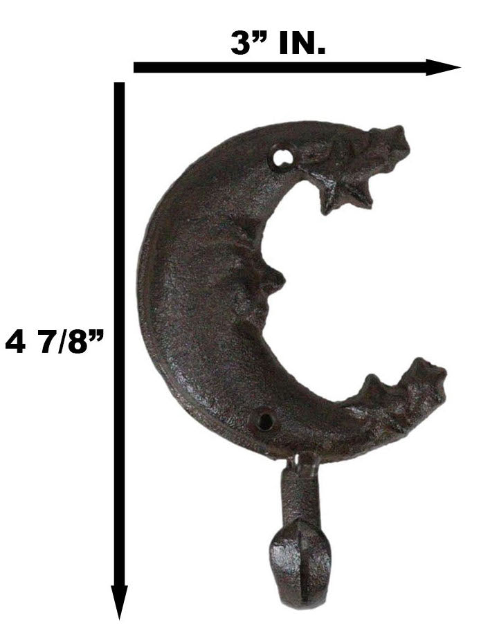 Pack Of 3 Rustic Cast Iron Celestial Half Crescent Moon And Stars Wall Hooks