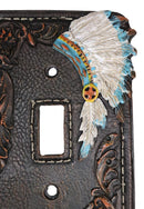 Set of 2 Faux Leather Tribal Indian Chief Headdress Single Toggle Switch Plates