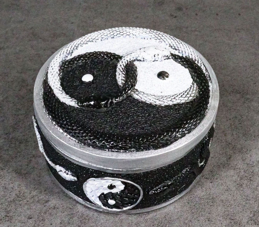 Spiritual Harmony Black And White Coiled Yin Yang Snake Small Trinket Box 4"D